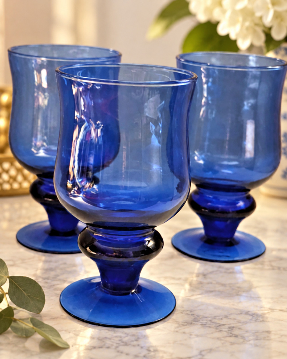 Vintage Cobalt Blue Handblown Goblets Set of 3 Thick Knop Stem 12 oz Art Glass